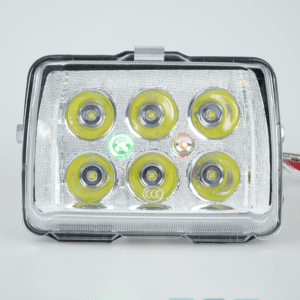 Illuminated view of Wu Yang Series motorcycle 6‑LED headlight, with high‑low beam indicator lights