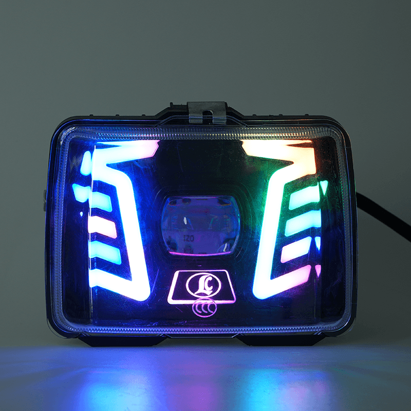 Illuminated Wu Yang Series motorcycle square LED headlight, colorful DRL daytime running light on