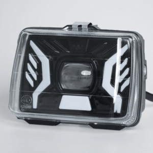 Wu Yang Series Motorcycle LED square headlight, 45‑degree side front view, projector lens with RGB DRL
