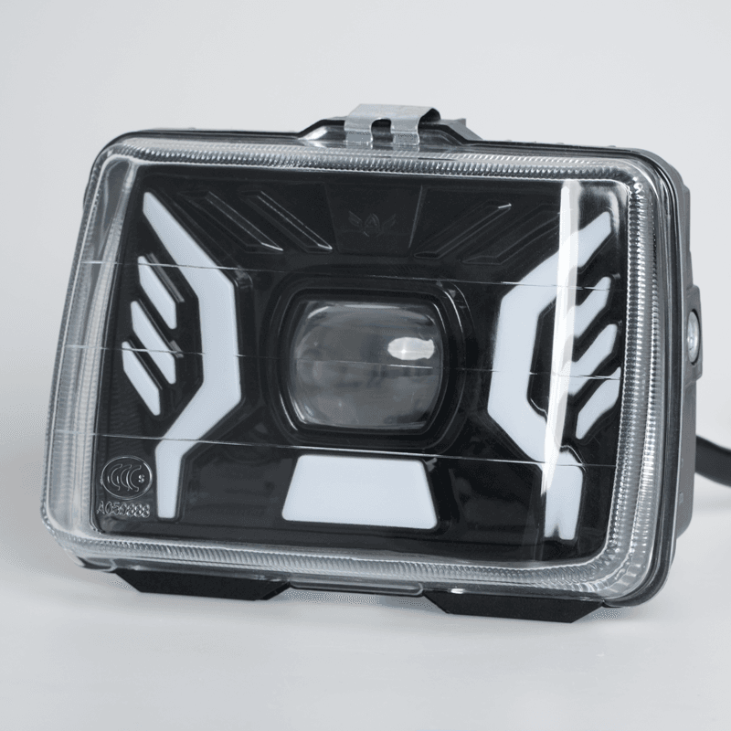 Wu Yang Series Motorcycle LED square headlight, 45‑degree side front view, projector lens with RGB DRL