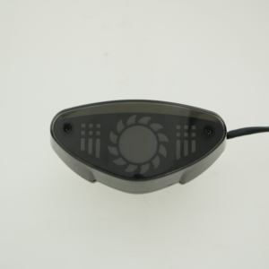Boxer125 taillight front view, customizable logo space in central round area, smoked lens motorcycle rear brake lamp