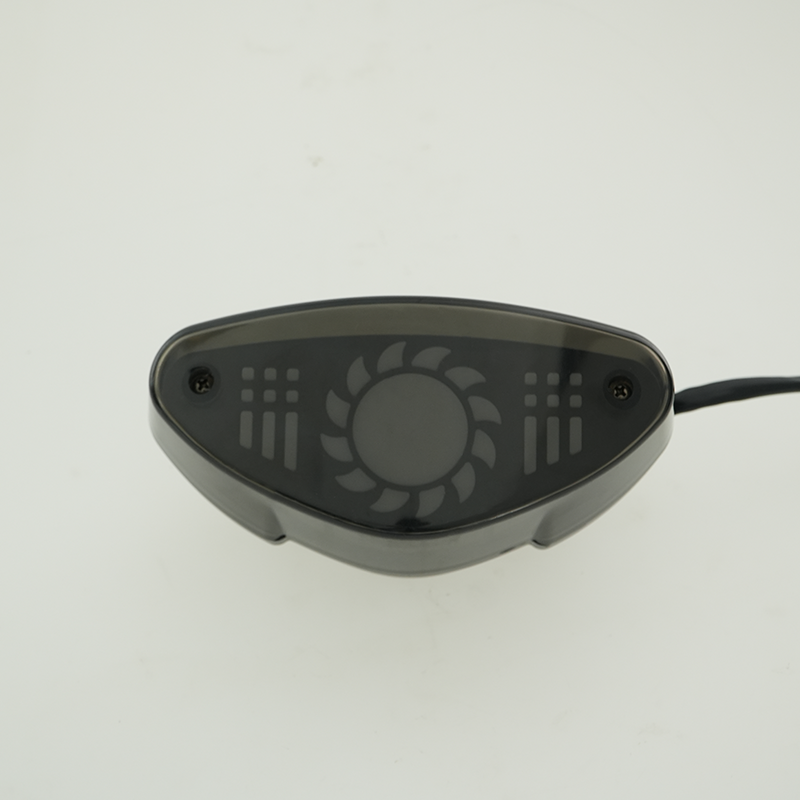 Boxer125 taillight front view, customizable logo space in central round area, smoked lens motorcycle rear brake lamp