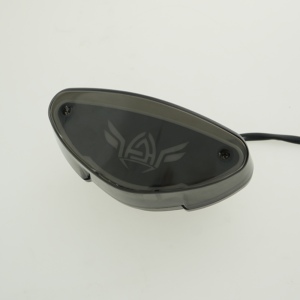 Boxer125 motorcycle LED tail light side view, smoked lens with customizable logo area, rear brake lamp replacement