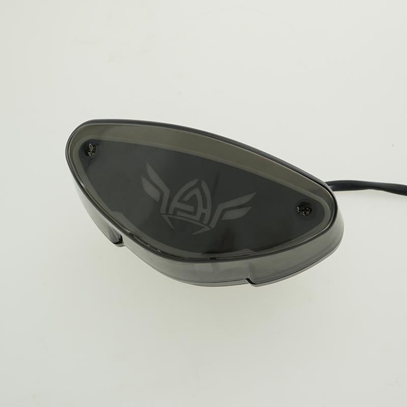 Boxer125 motorcycle LED tail light side view, smoked lens with customizable logo area, rear brake lamp replacement