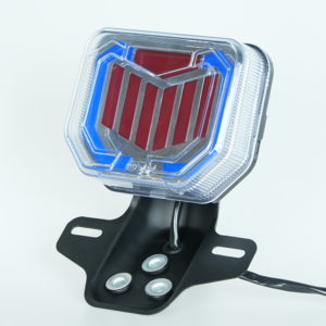 CG125 CG150 motorcycle LED tail light side view, clear lens, top red area supports custom logo printing, OEM motorcycle rear brake lamp bulk supply