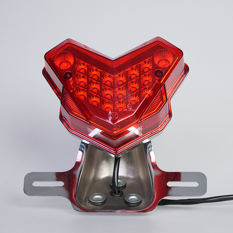 V-shaped motorcycle rear tail lamp, red cover LED stop light with chrome license plate holder, front view
