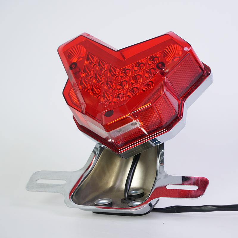 Motorcycle LED tail light red lens chrome bracket, V shape rear brake lamp for motorbike, side view