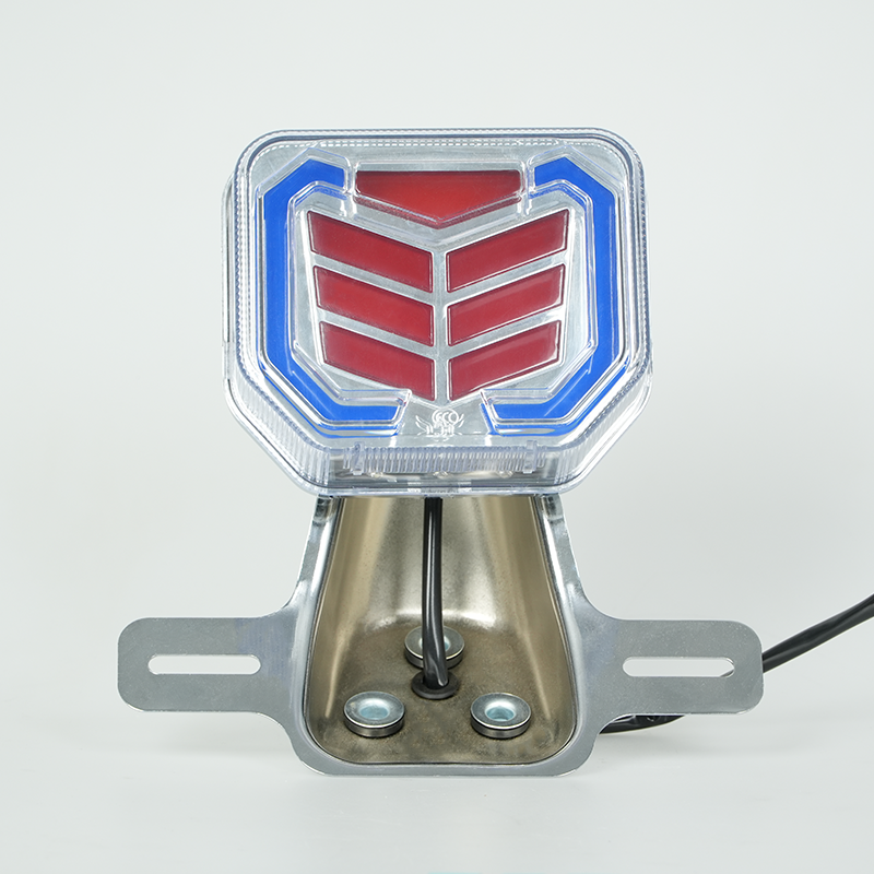 GN motorbike LED rear tail lamp, clear lens arrow shape stop light with chrome mounting holder, front view