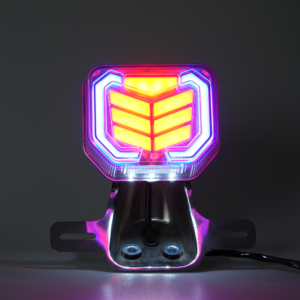GN motorcycle LED tail light illuminated, red arrow rear brake lamp with chrome license plate bracket, lighting effect display