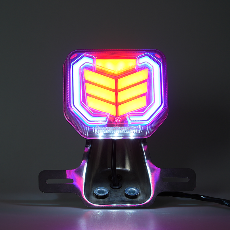 GN motorcycle LED tail light illuminated, red arrow rear brake lamp with chrome license plate bracket, lighting effect display