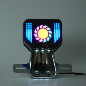 Illuminated motorcycle LED tail light with colorful RGB light effect, blank center area for custom logo printing