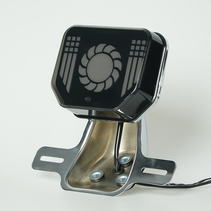 Motorcycle custom logo LED tail lamp, black smoked lens chrome holder, side view
