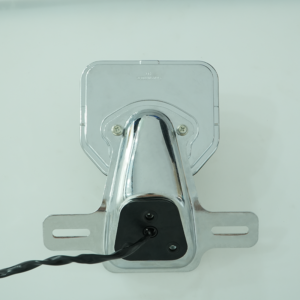 Motorcycle LED tail light back view, chrome license plate bracket with wire outlet, custom logo rear lamp housing
