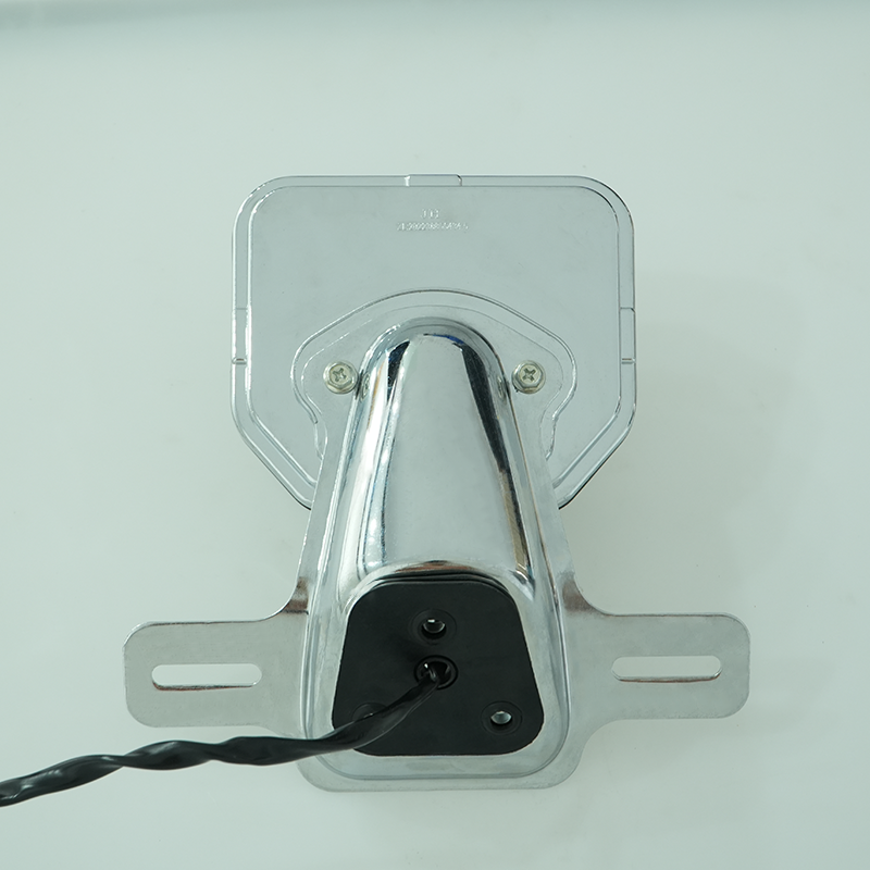 Motorcycle LED tail light back view, chrome license plate bracket with wire outlet, custom logo rear lamp housing