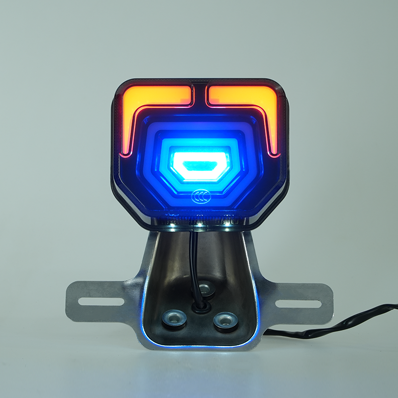 Illuminated motorcycle LED tail light, multi-color RGB layered lighting effect, rear brake lamp demo