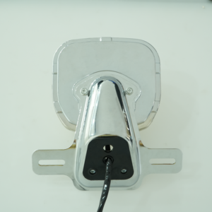 Motorcycle rear tail light back view, polished chrome mounting bracket with wire outlet