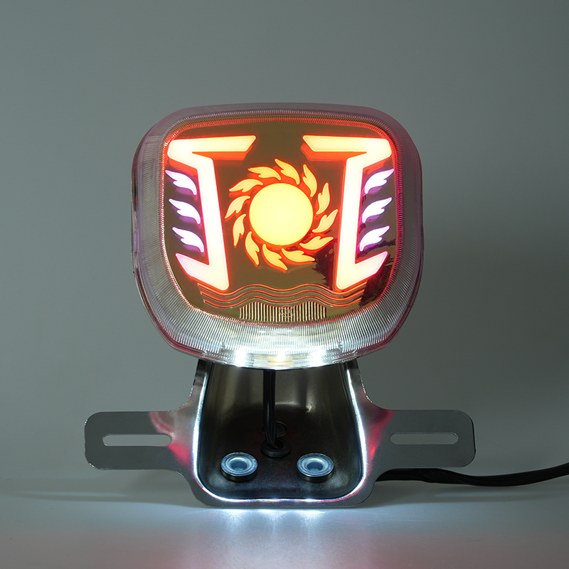 Illuminated motorcycle LED tail light, RGB colorful side strips, sun flame pattern rear brake lamp lighting demo