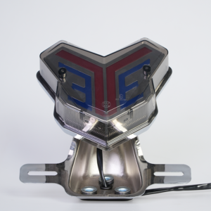 V-shaped RGB motorcycle LED tail light, smoked lens, chrome license plate bracket, front view