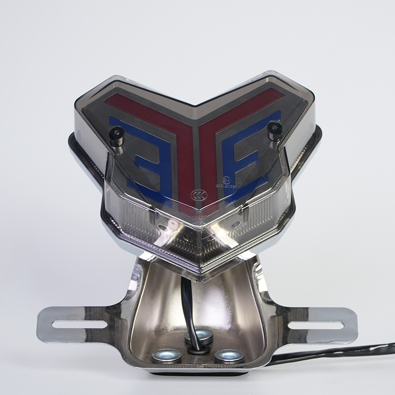 V-shaped RGB motorcycle LED tail light, smoked lens, chrome license plate bracket, front view