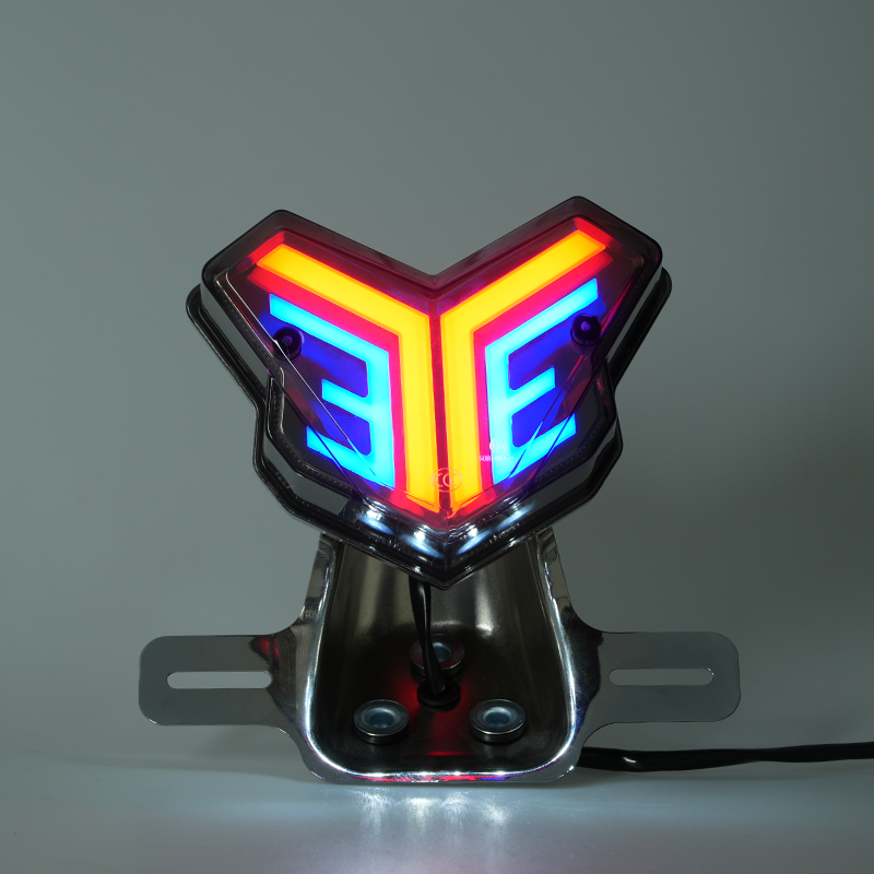 Illuminated V pattern motorbike rear tail lamp, multi-color RGB light effect, brake light demo