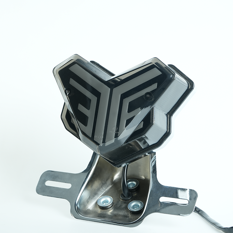 V shape RGB motorcycle LED tail light, smoked black inner mask, chrome license plate bracket, side view