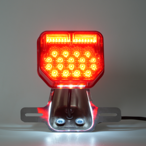GN motorcycle LED tail light red lens, bright LED chips, chrome license bracket, illuminated brake light demo