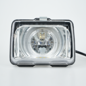 Front view of square motorcycle LED headlamp with transparent glass cover, power‑off status