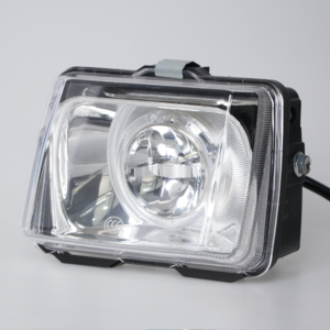 Rectangular motorcycle LED headlight clear lens side view, motorbike front head lamp assembly