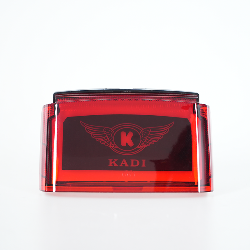Red transparent motorcycle modified taillight, customizable logo and pattern area, power‑off front view