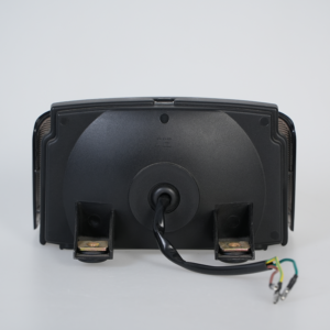 Back view of customizable RGB motorcycle LED tail light, mounting bracket and wiring harness