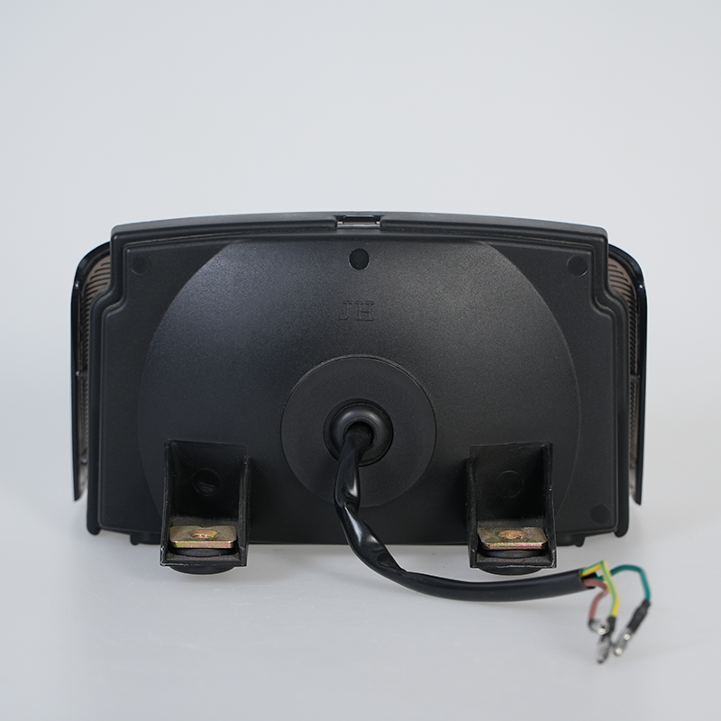 Back view of customizable RGB motorcycle LED tail light, mounting bracket and wiring harness
