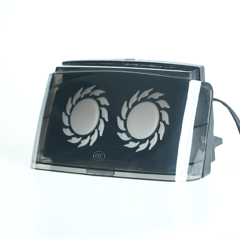 Side angle of smoked motorbike LED tail light, double blank zones for custom pattern or logo